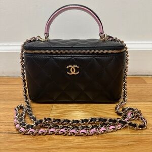 Authentic Chanel Black Quilted Vanity Bag with Pink-Trim Handle